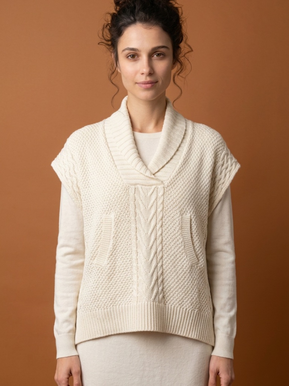 Parkhurst Cotton Country Cable Knit Cream Ecru Cottagecore Cozy Vest Sweater-S/M